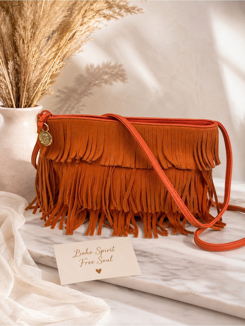 Vince Camuto Leather with Suede Fringe Crossbody Bag in Burnt Orange
